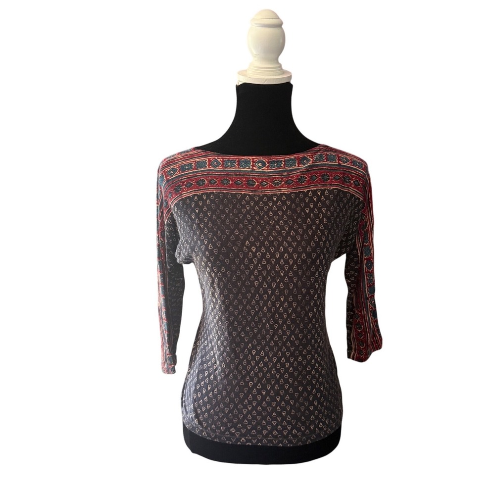 Lauren Ralph Lauren Boho Tribal Print Top Women M Dolman 3/4 Sleeve Stretch Knit